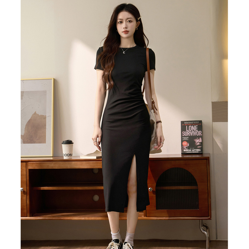 [High-Quality Craftsmanship] Pure Cotton Short-Sleeved Dress for Women, Summer 2026 New Style, Sexy Slit, Over-The-Knee Slimming Long Dress