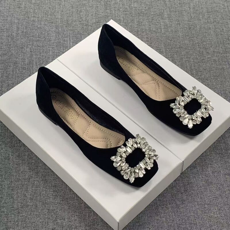 Evening Breeze Black Shallow Flat Shoes for Women 2025 French Style Rhinestone Elegant Silver Versatile Commuter Shoes
