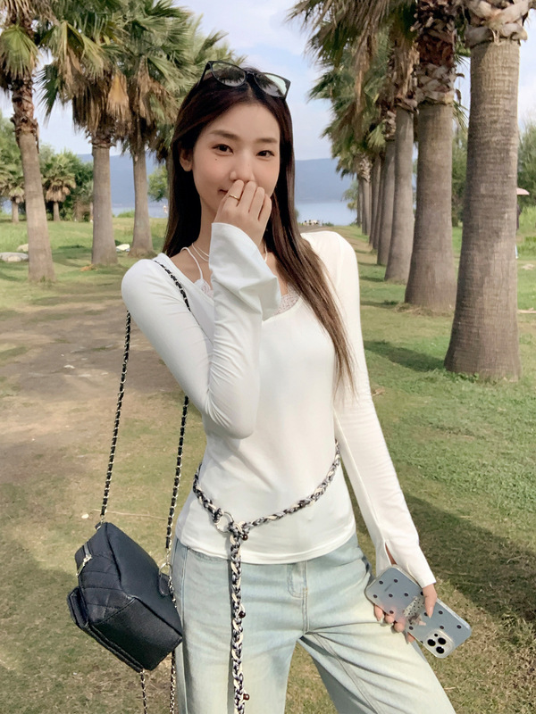 白色假两件蕾丝花边长袖T恤女2025早秋新款细肩带设计感修身上衣|undefined