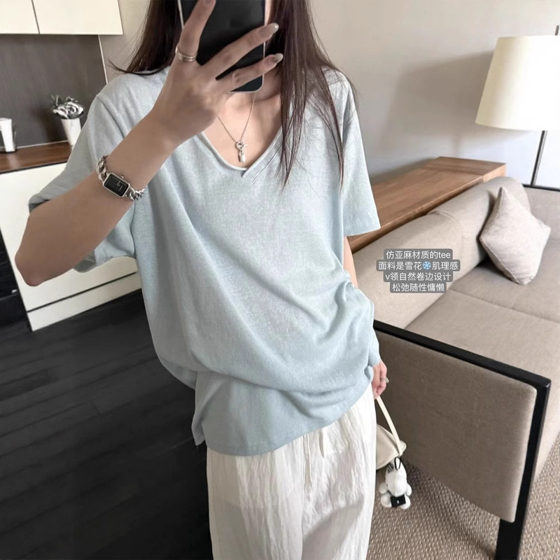 Superniniyy Mint & Relaxed Snowflake Texture Curled V Neck Short-Sleeved Loose Lazy T-Shirt Top for Women