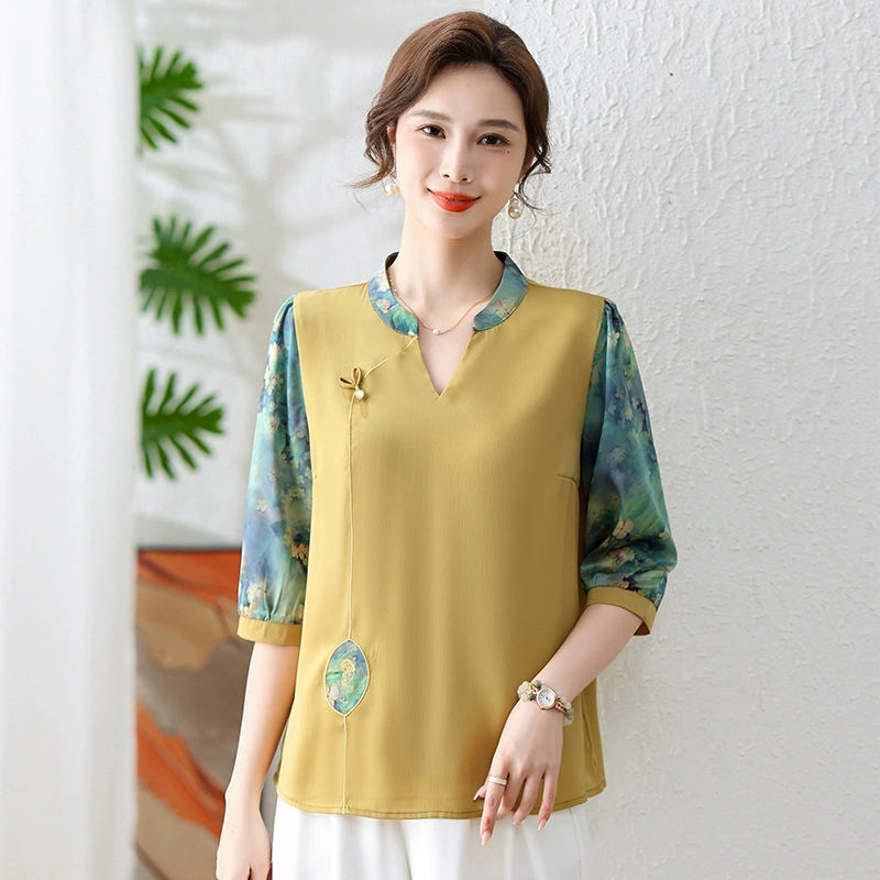 Guo стиль темперамент с короткими рукавами маленькая рубашка женская 2024 новая средняя и пожилая мама тонкая высококачественная рубашка с короткими рукавами для женщин