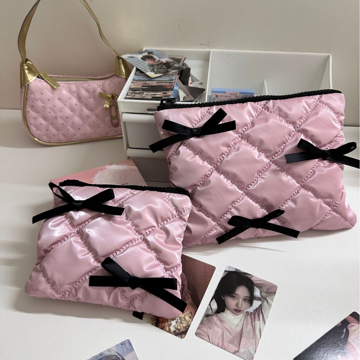 High quality capacious cosmetic bag with bow to go out