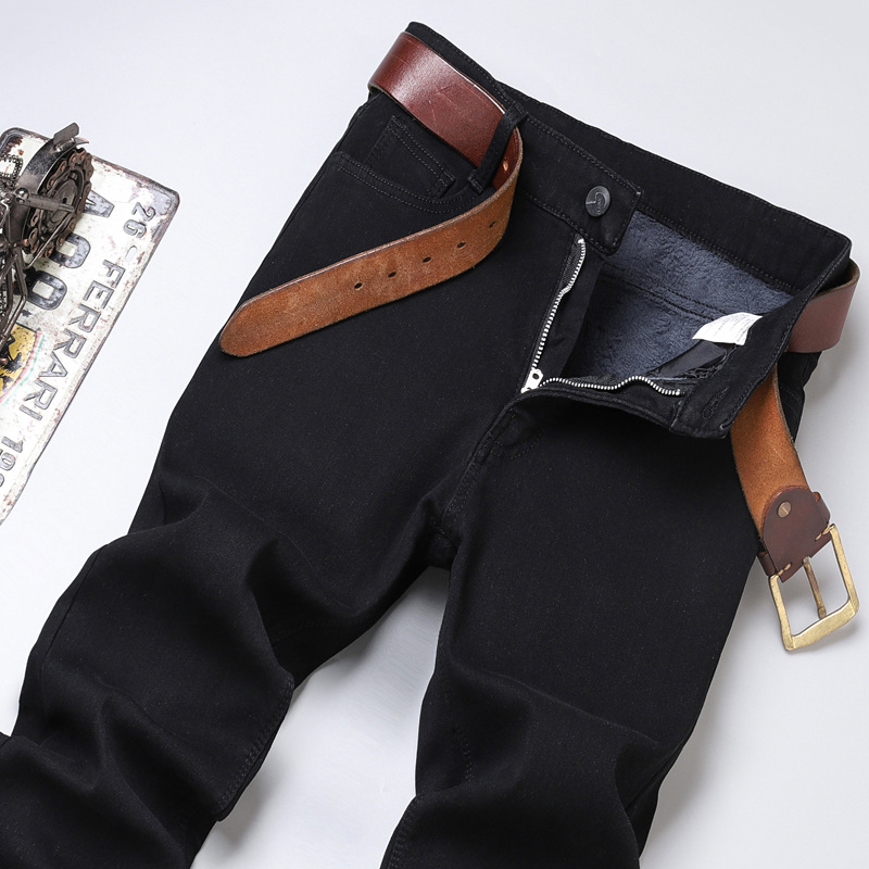 Herrenbekleidung Schwarze Jeans Plus Samt Dicke Slim Fit Jugendhose Winter Warme Hose_voghion.com