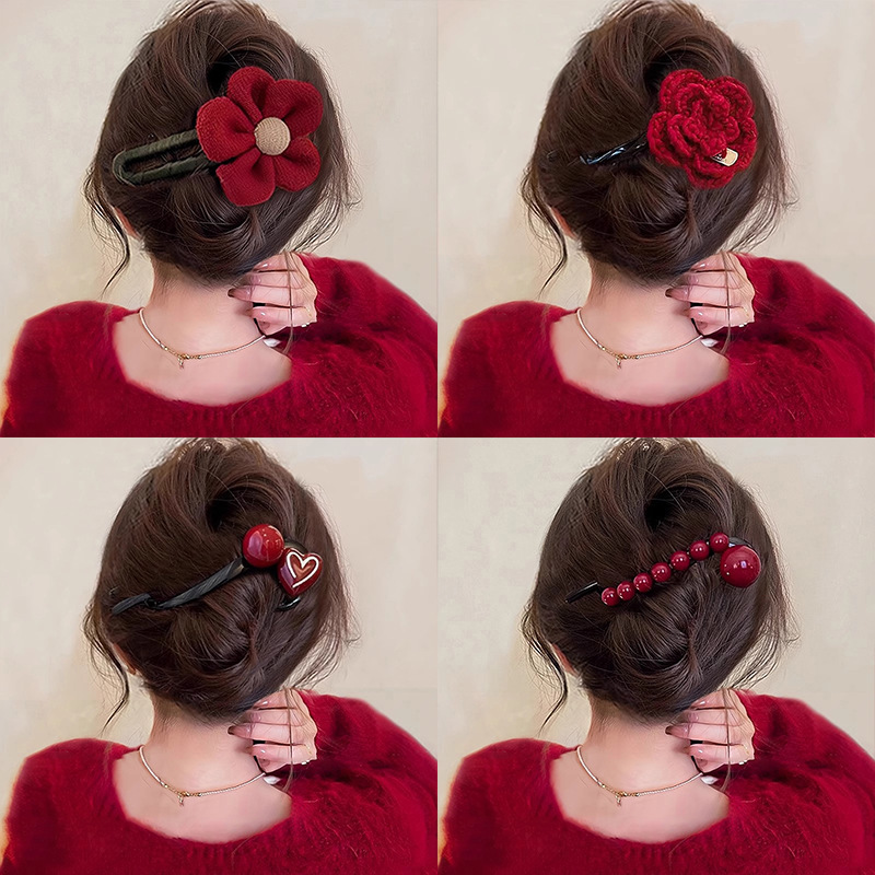 Ángora rojo amor torcido clip de cabello de cabeza de mujer en la parte posterior de la cabeza clip de cabello temperamento rascar tocado de brazo