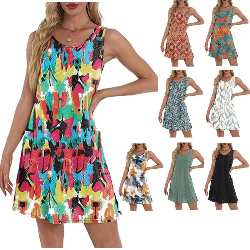 2025 European and American Export Cross-Border Women's Clothing Amazon Popular Hole Print Casual Sleeveless Vest Flap Pocket Pants Dress