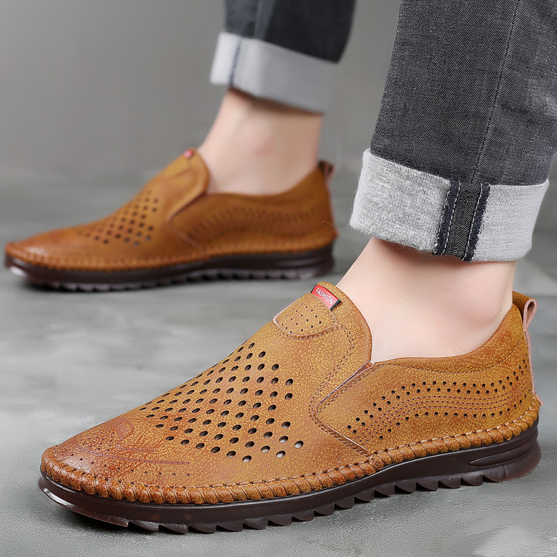 Summer New Sandals Hole Hollow Casual Leather Slip-On Breathable Men's White Dad Shoes_voghion.com