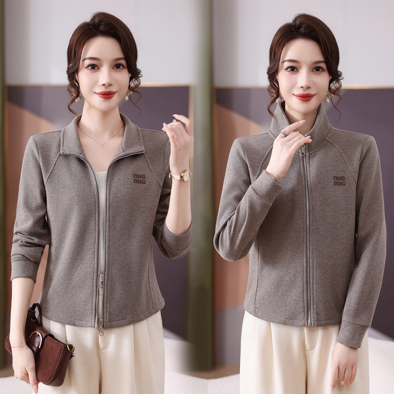 2026 Autumn New Style Rhinestone Stand Collar Jacket for Women, Fashionable and Youthful Casual Zipper Cardigan Top for Mothers
