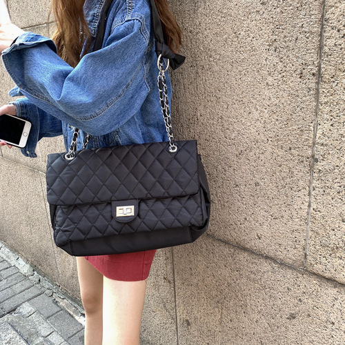 小香风包包女2024欧美高级感大容量牛津布绣线单肩包链条斜挎女包