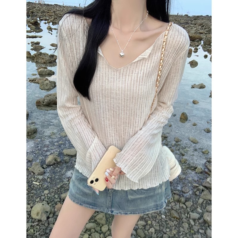 여름 마이크로 투명 V 넥 귀 테두리 느슨한 태양 보호 블라우스 아이스 실크 얇은 여름 긴팔 티셔츠 여성용 게으른 탑