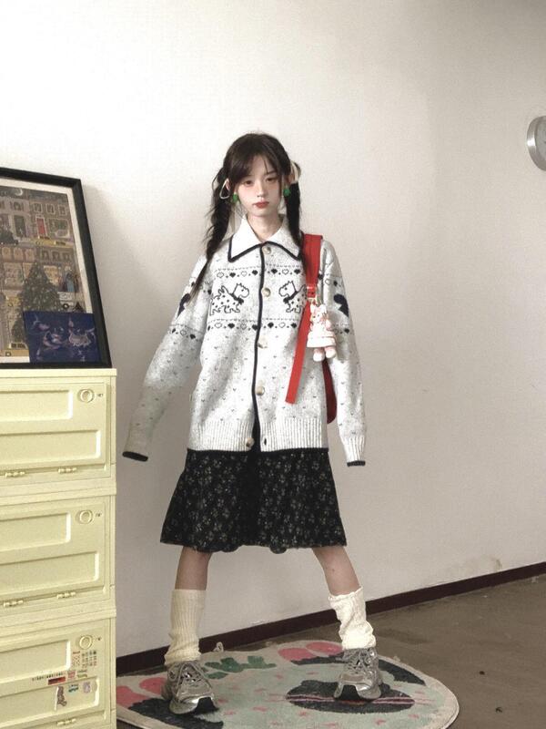 韩系复古小狗提花软糯毛衣外套女秋冬宽松慵懒费尔岛针织开衫上衣|undefined