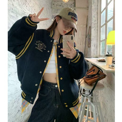 秋冬新款国潮美式外套复古刺绣拼接撞色棒球服男女显瘦百搭夹克潮