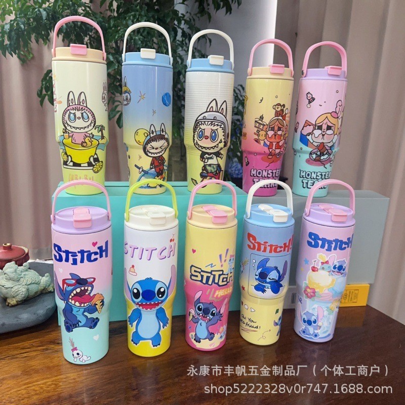 跨境新款史迪仔保温杯labubu大容量汽车杯可爱哭娃冰霸杯卡通便捷