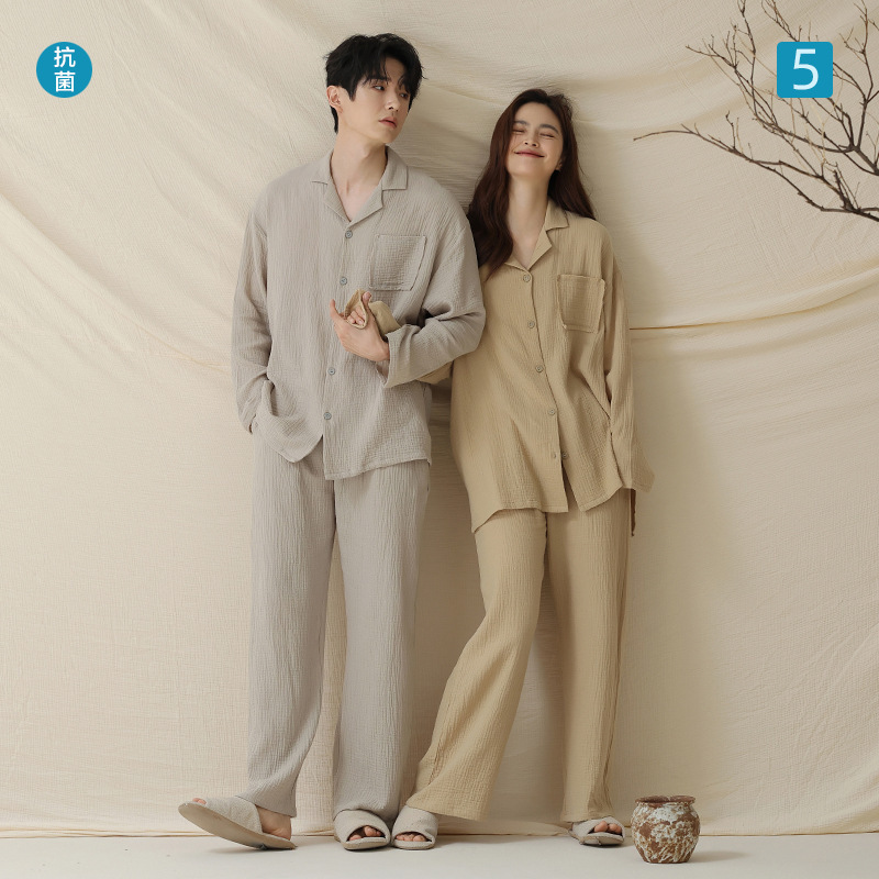 [Baby Cotton] Class A Cotton Double-layer Yarn Cotton Couple Pajamas Women's Autumn Long-sleeved Lazy Men's Home Clothes