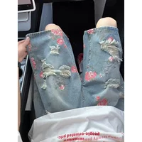 Мужские рваные джинсовые шорты с цветочным принтом, летняя верхняя одежда, брюки средней длины с высокой талией в американском стиле, большие размеры, до колена, брюки длиной четыре пятых.