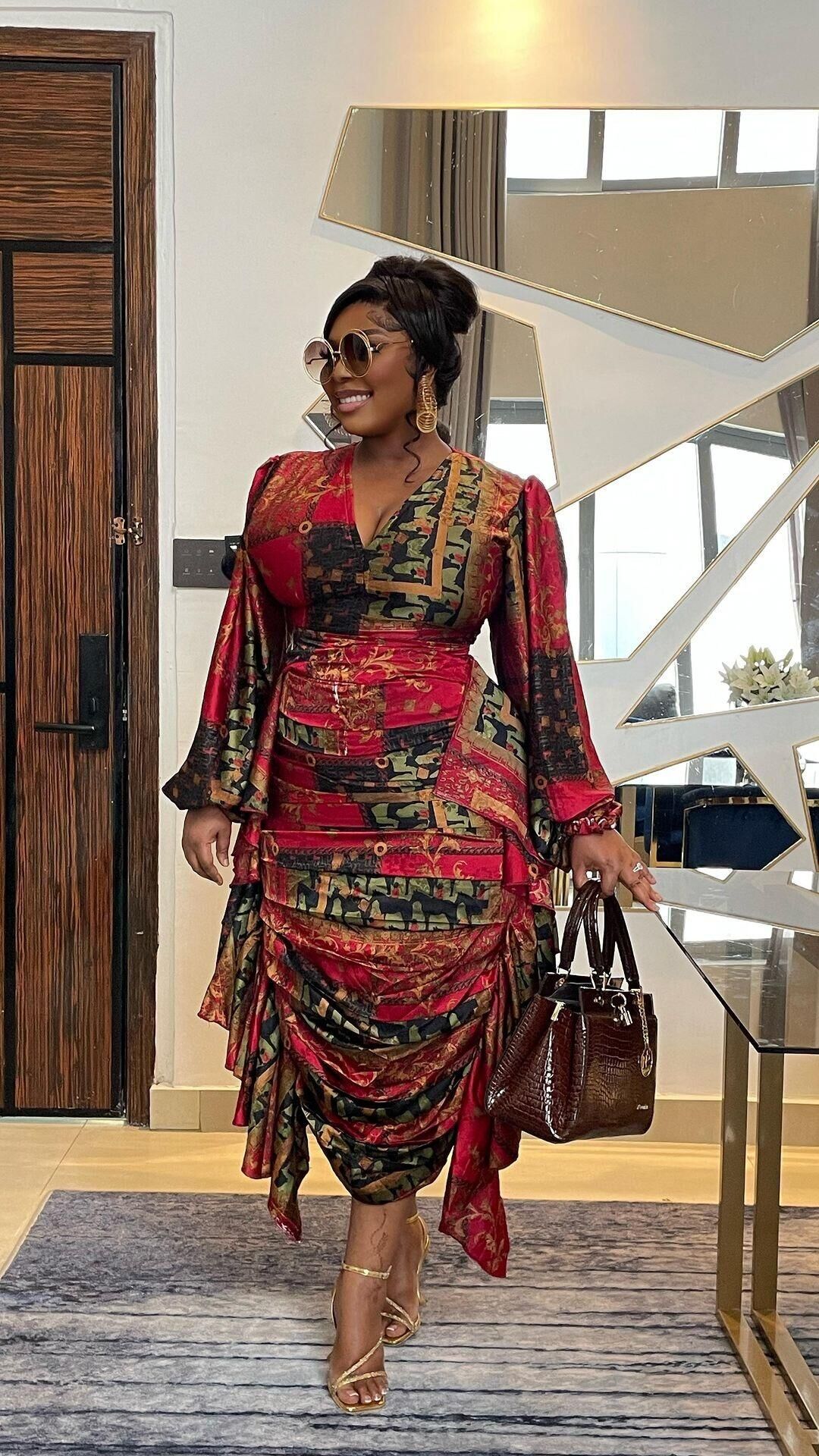 Women's Clothing Sexy Printed Ruffled Lantern Sleeve Hip Hugging Slim Fit Long Sleeve Dress_voghion.com