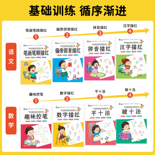 Pinyin number tracing red Benping Shi Po Shi method kindergarten Chinese character strokes radicals fun control pen practice copybook