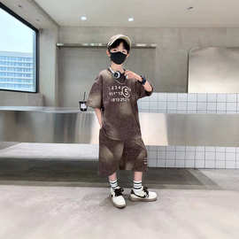 中大童春夏季套装2026新款儿童男孩印花短袖上衣运动时髦两件套潮