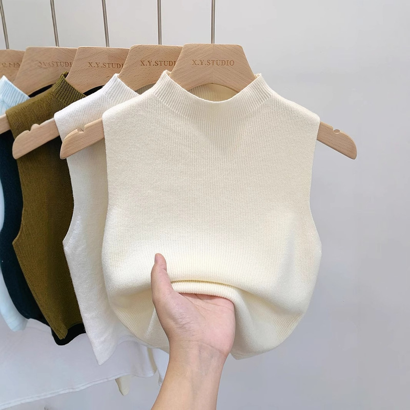 2025 New Style Knitted Sweater Bottoming Shirt for Women Half Turtleneck Camisole Short Top t Outer Sleeveless 2025 New Style Knitted Sweater Bottoming Shirt for Women Half Turtleneck Camisole Short Top t Outer Sleeveless