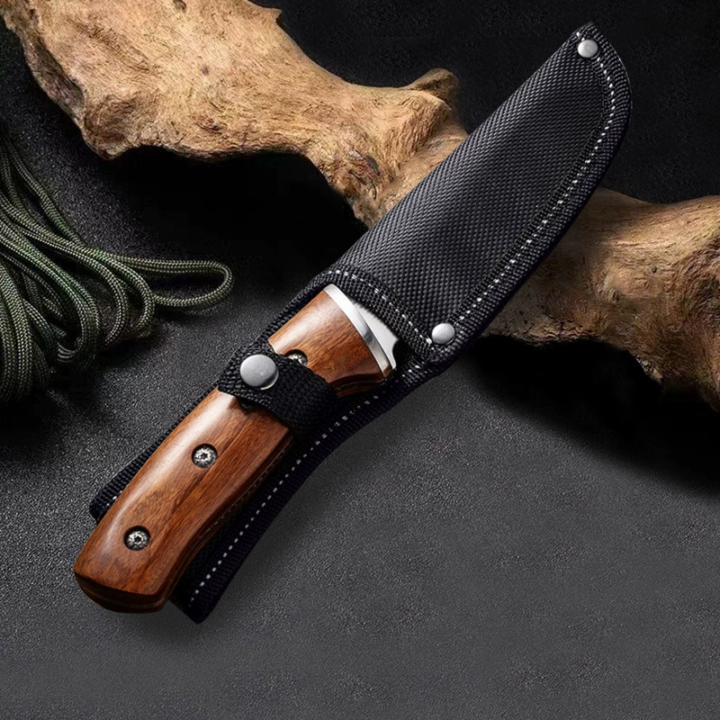 Outdoor high -hardness stainless steel camping straight knife portable meat cut meat, meat, fruit knife multi -function wood handle straight knife