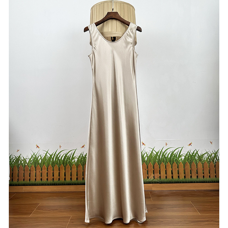 Nanyou Wholesale Tall Acetate Satin Vest Dress Extended Version Asymmetrical Cut Slim Fit Sleeveless Long Dress