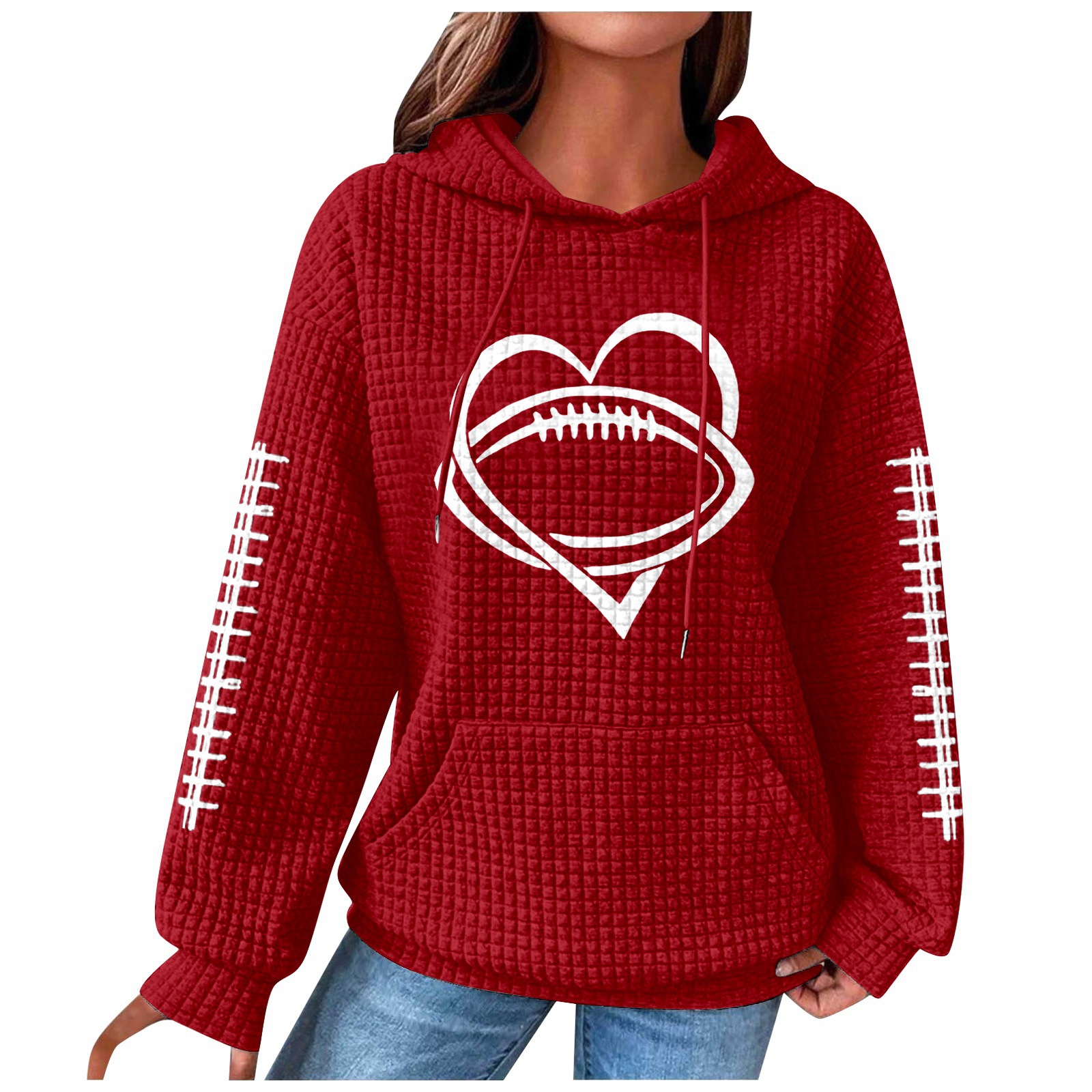 Women's Rugby Hoodie Waffle Knit Pullover Sweatshirt Print_voghion.com