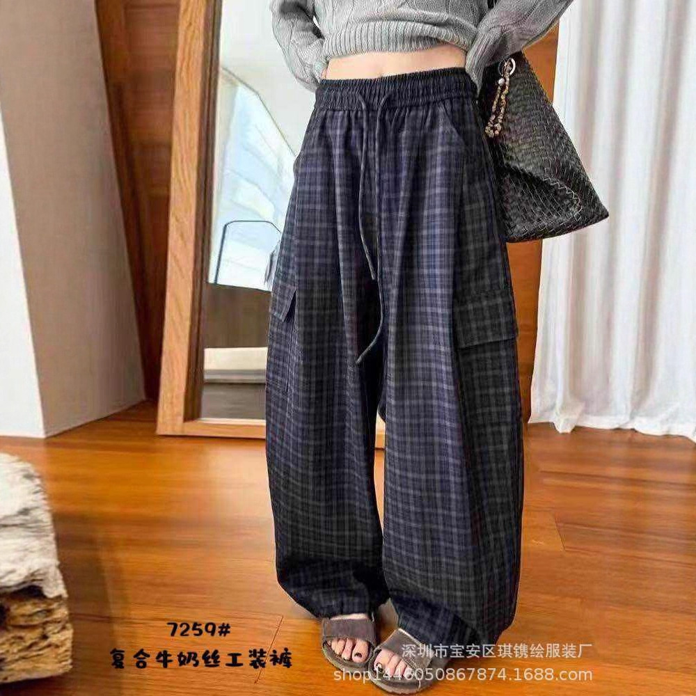 琪镌绘制秋季新款韩版高腰宽松休闲格子工装长裤女显瘦百搭潮7259
