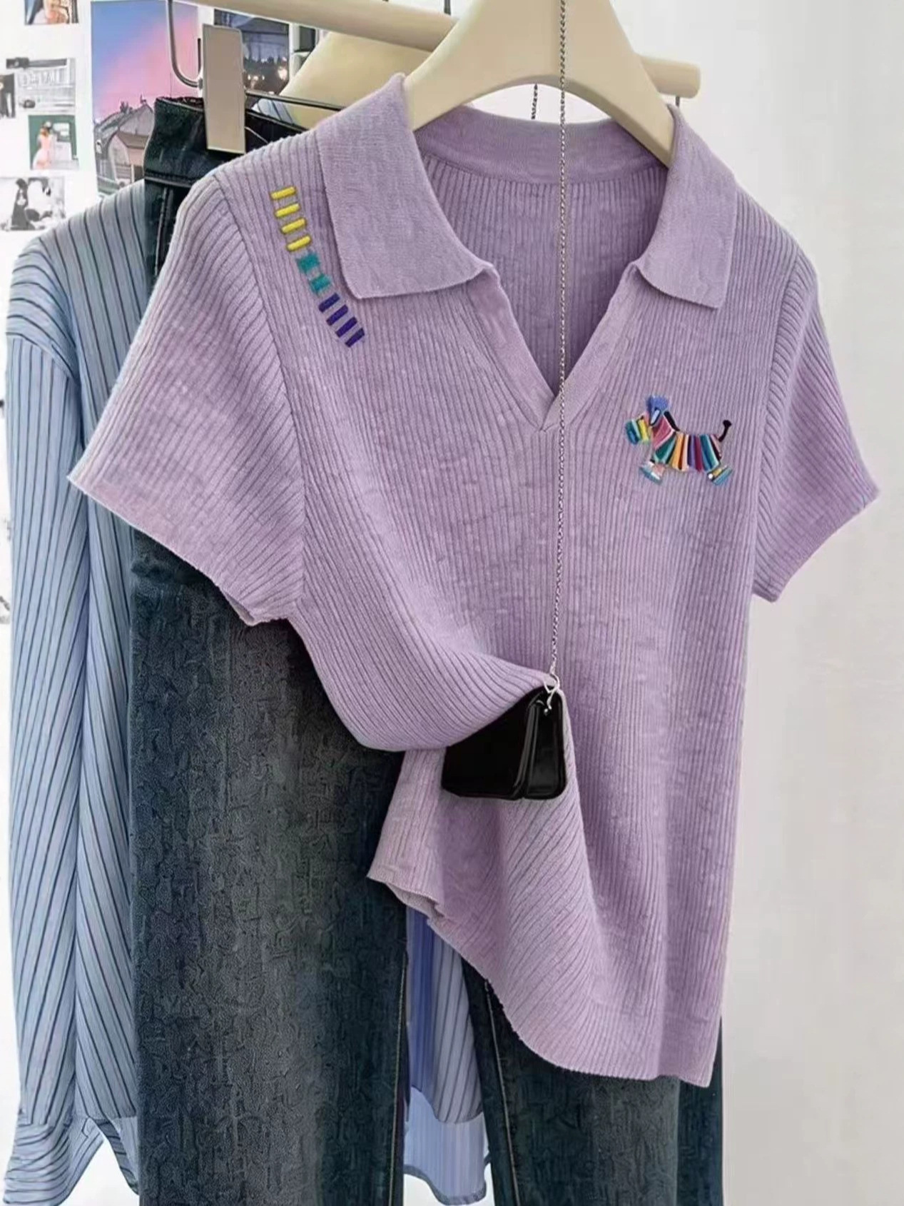 Áo thun cổ Polo nữ tay ngắn chất liệu cotton lạnh thêu hình ngựa nhỏ — màu tím
