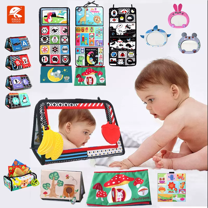 跨境0-3岁可折叠双面布书哈哈镜色彩训练亚马逊发声可啃咬挂件