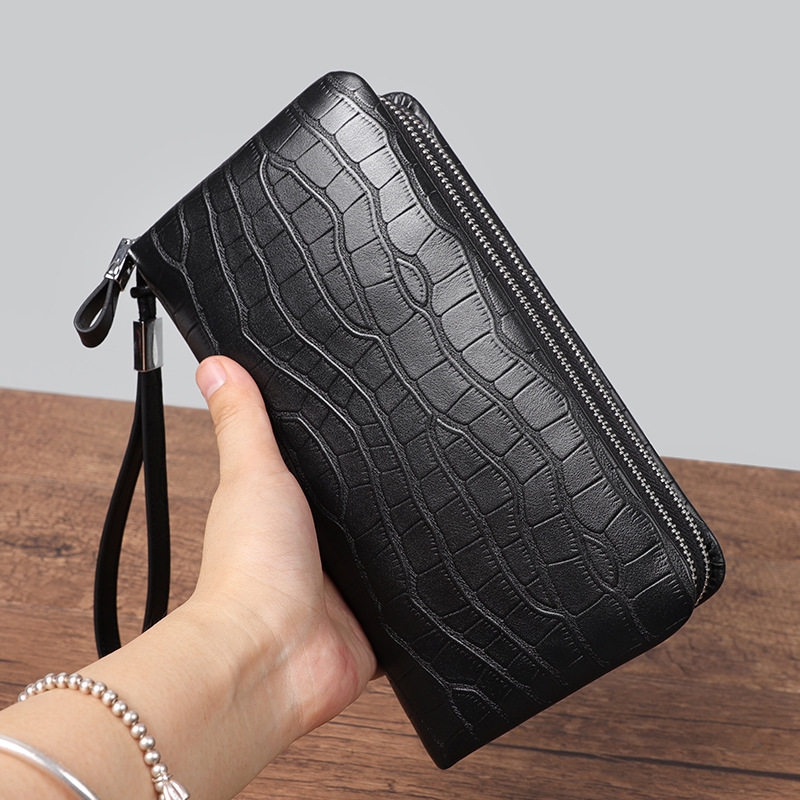 Ví nam dài vân cá sấu da bò thật khóa kéo đôi nhiều ngăn đựng thẻ 21×4,5×11 cm — Màu đen vân cá sấu cỡ nhỏ, Màu đen vân cá sấu cỡ trung