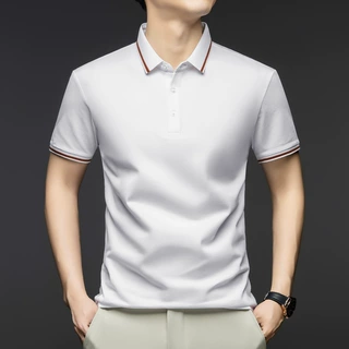 2025夏季新款桑蚕丝亚麻纯色polo衫男轻商务翻领透气男士短袖代发