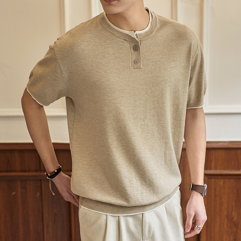 ZH8102-MW男女同款潮牌拼接时尚通勤假两件亨利领针织短袖T恤，男装针织衫/毛衣，星座614