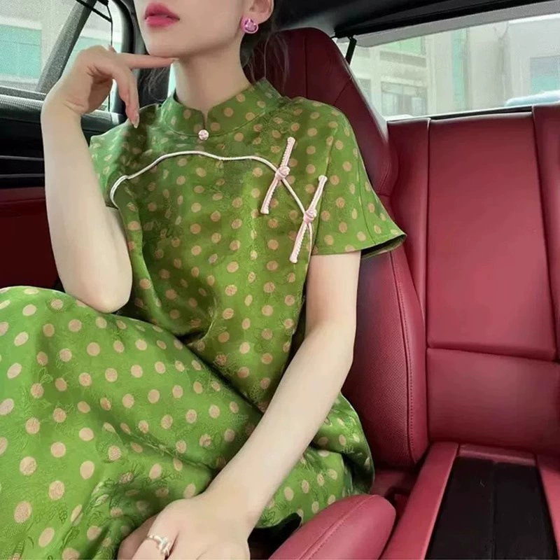 Новое улучшенное платье Cheongsam в китайском стиле с воротником-стойкой для женщин, летнее новое жаккардовое платье в горошек, свободное и изысканное высококачественное платье