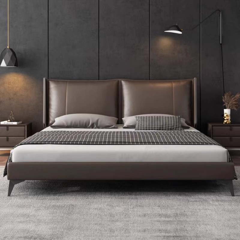 Cama de cuero minimalista italiana, cama de cuero real, dormitorio principal moderno y minimalista, lujo nórdico, cama doble de 1.8m de paquete blando.