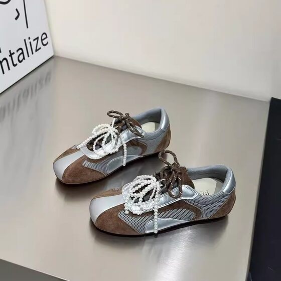 Genuine Leather Double-color Band Height-increasing German Training Shoes Women's Spring Soft-soled Beaded Bow Mesh Forrest Gump Casual Shoes for 2025