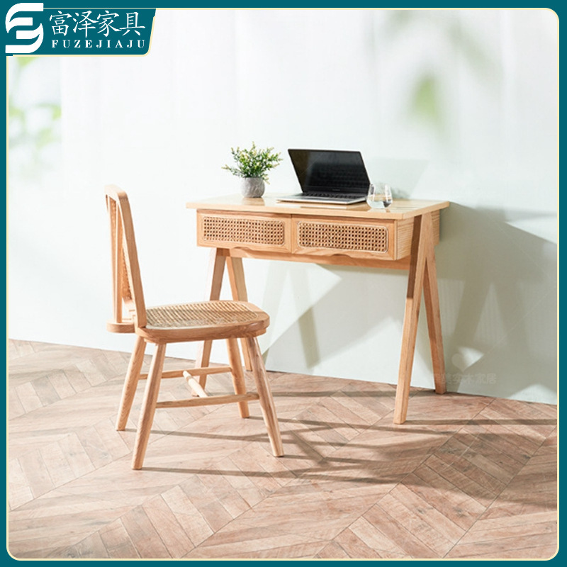 Nordic, Japanese and Korean Style Homestay Hotel Modern Simple Study Model Room Solid Wood Rattan Desk Chair Computer Desk