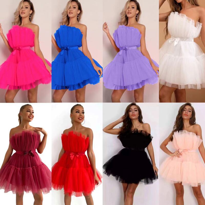 2026 European and American Cross-Border Amazon Aliexpress Strapless Mesh Elegant Bow Puff Skirt Dress Wish