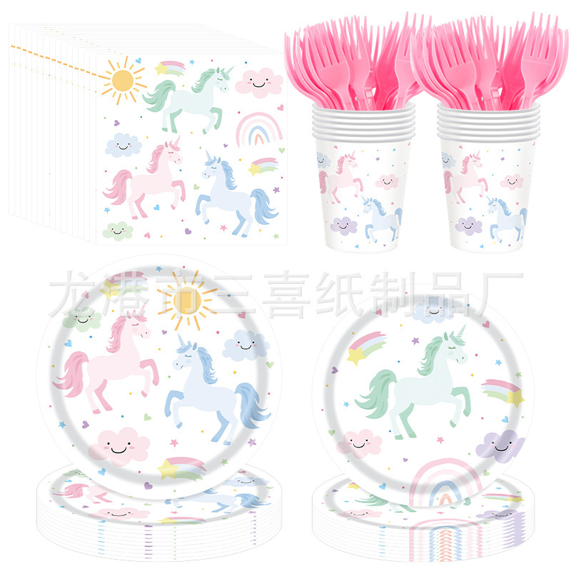 Children's Dream Unicorn Birthday Party Paper Plate Rainbow Pony Disposable Dinner Plate Set Party Venue Layout