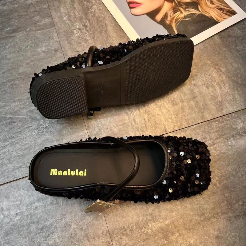 Silver Sequin Square-Toe Slip-On Shoes for Outdoor Wear, 2024 Spring/Summer New Flat Mary Jane Shoes, Internet Celebrity Hot Item Silver Sequin Square-Toe Slip-On Shoes for Outdoor Wear, 2024 Spring/Summer New Flat Mary Jane Shoes, Internet Celebrity Hot Item