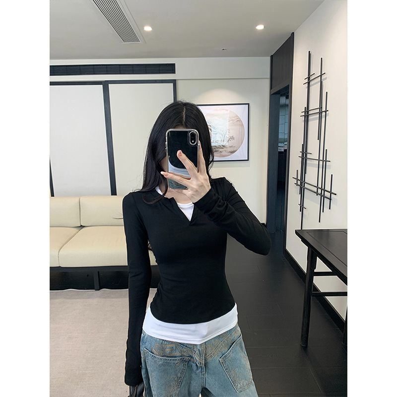Moses Queen/魔西女王黑白撞色假两件打底V领长袖T恤修身百搭上衣|undefined