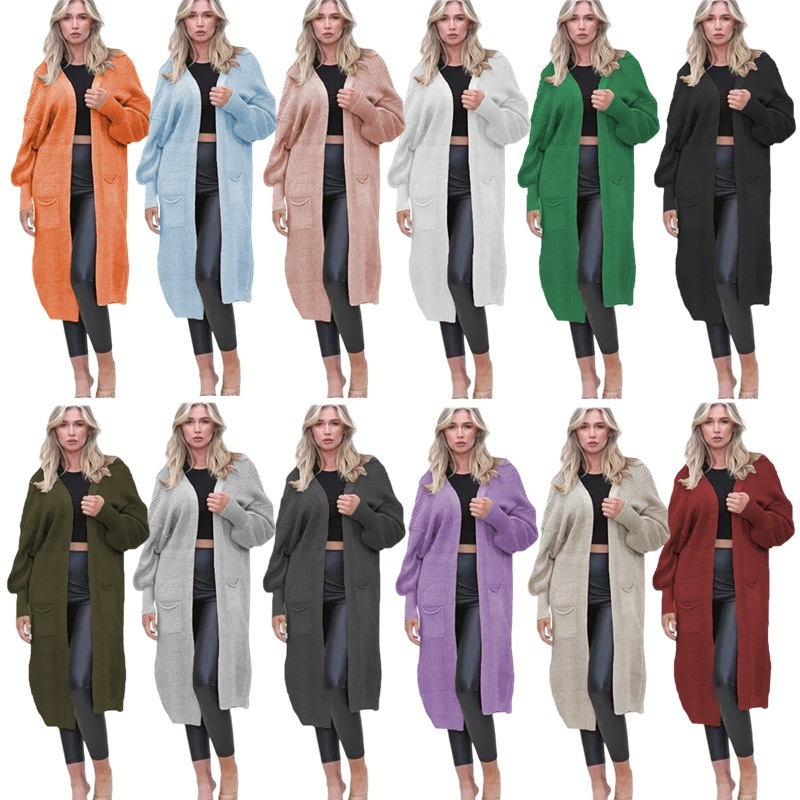 European and American Autumn and Winter Women's New Knitted Amazon Pocket Cardigan Cross-Border Loose Long Plus Size Coat Sweater Women