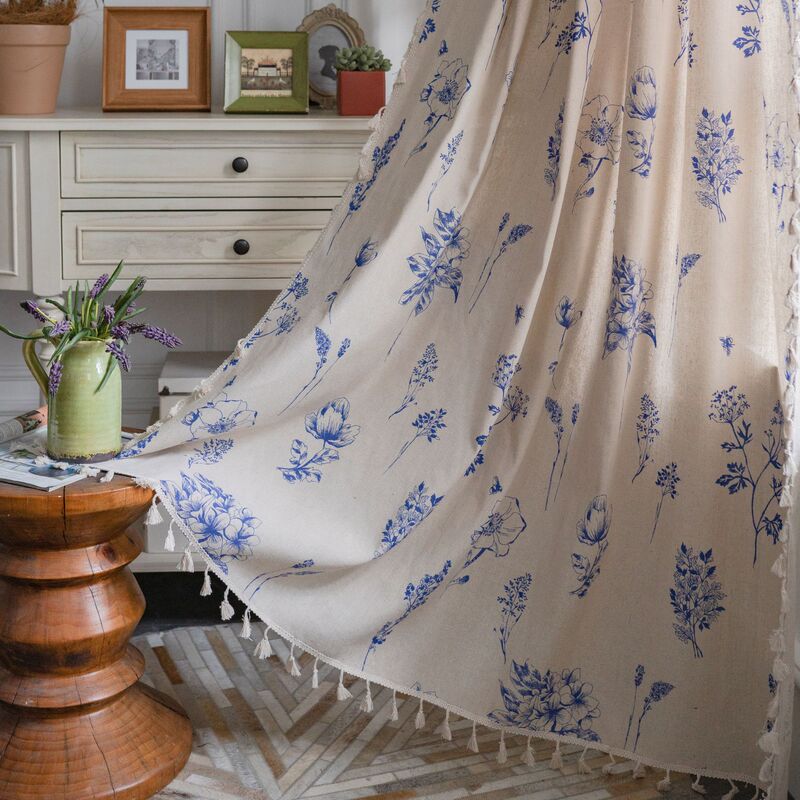 Yiman Qiyun Curtain Blue Flower Printed Curtain Finished American Style Kitchen Curtain Bay Window Kitchen Curtain Semi-Shaded Yiman Qiyun Curtain Blue Flower Printed Curtain Finished American Style Kitchen Curtain Bay Window Kitchen Curtain Semi-Shaded