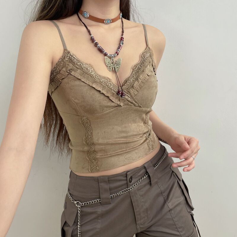 European and American Style Sexy Halter Neck Cut-Out Tank Top, Versatile for Outerwear or Layering, New Summer Lace Lotus Leaf Trim V-Neck