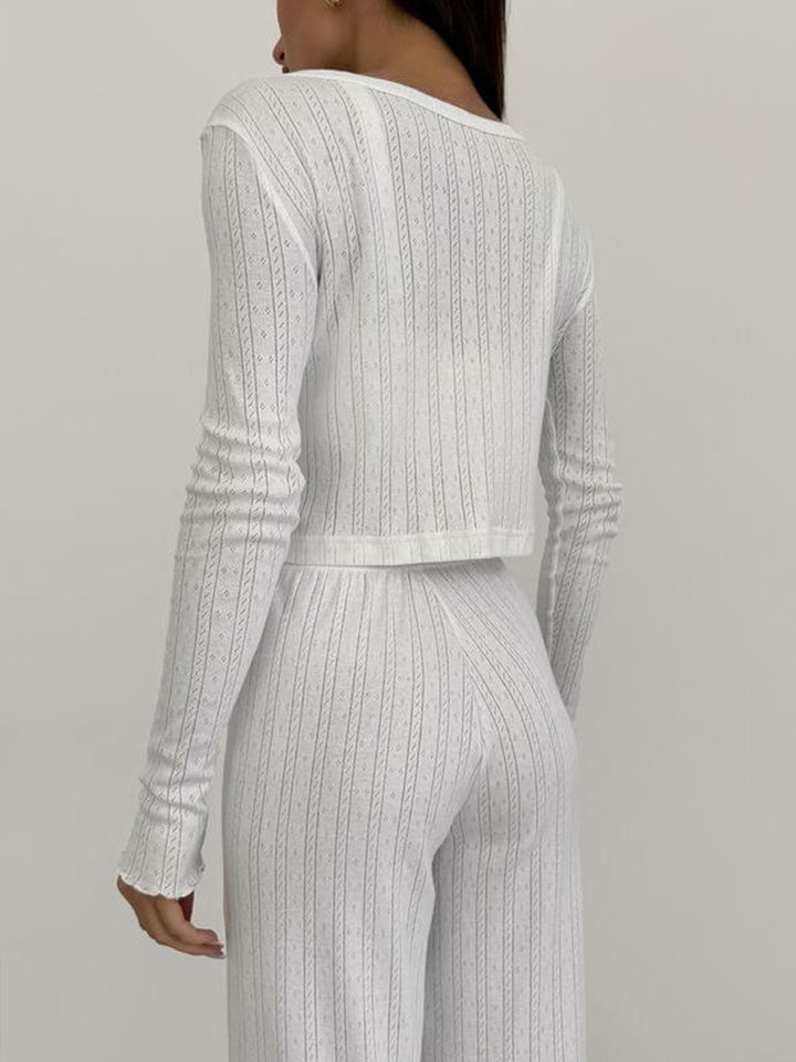 Bộ đồ ngủ nữ 3 món áo cardigan dài tay quần dài họa tiết jacquard — Màu be, Màu hồng chi tiết 62