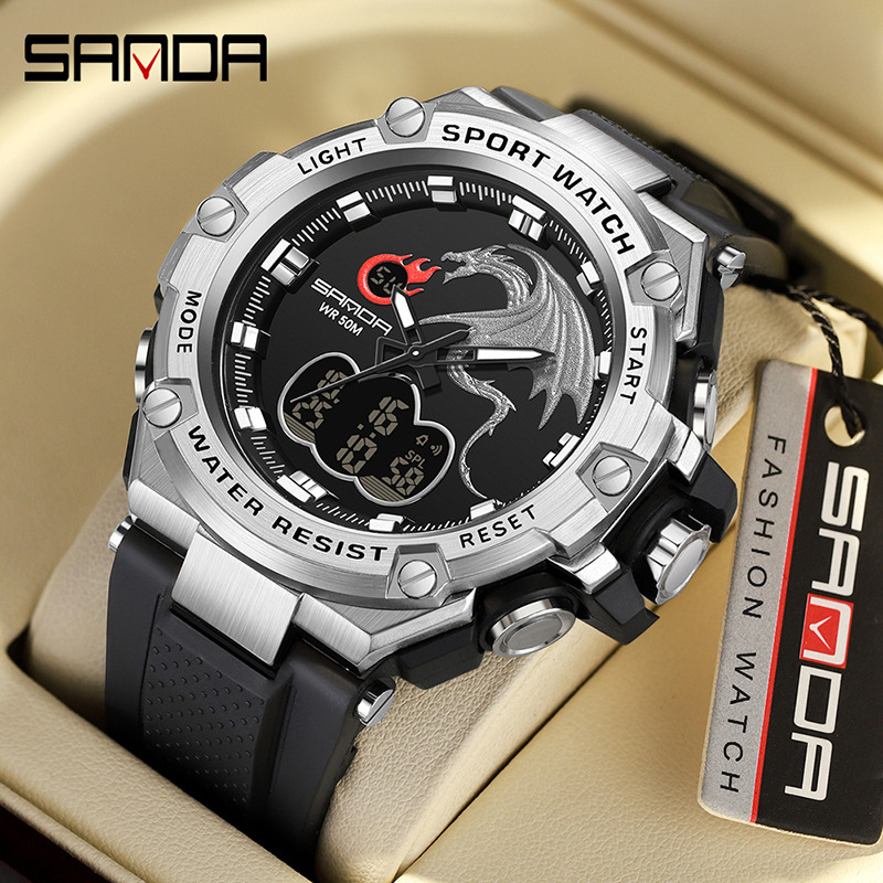 Sanda 3171 reloj electrónico dragón rociador de fuego reloj impermeable moda de moda luminoso reloj de hombre multifuncional