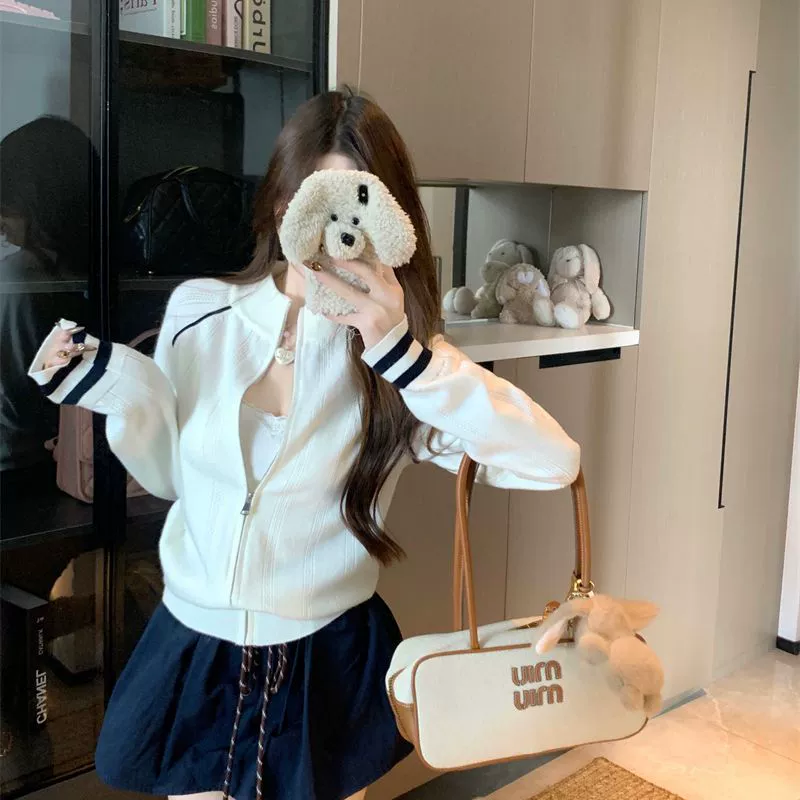 College Style Stand Collar Contrasting Color Long-Sleeved Knitwear for Women 2025 Autum New Design Slim Zipper Sweet and Spicy Jacket