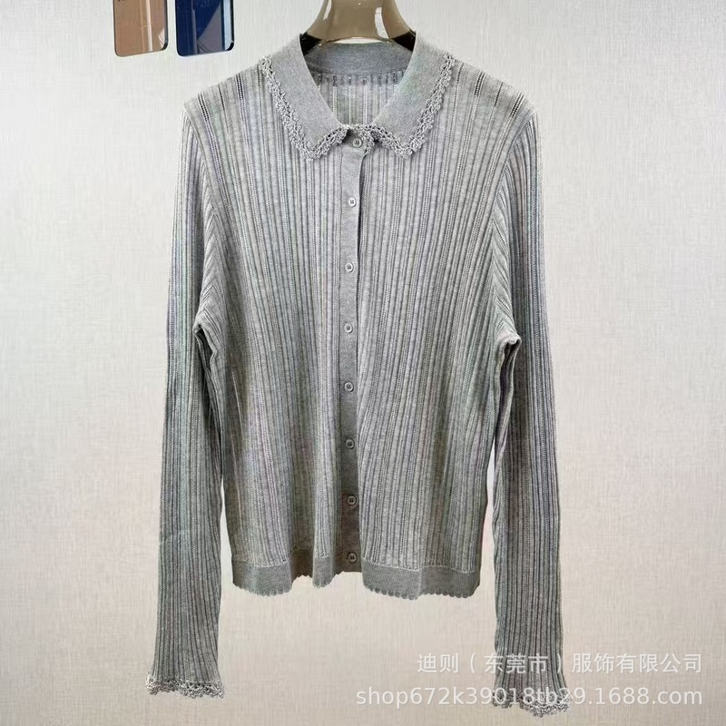 小众  2025秋季新款法式减龄蕾丝花边修身纯色翻领针织开衫上衣女|undefined