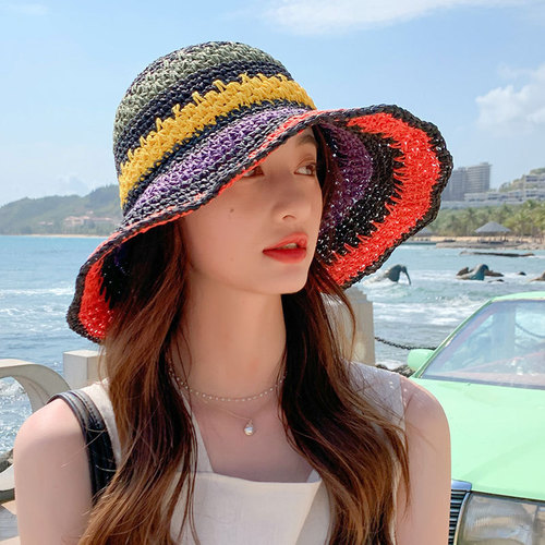 Handmade Grass Hat for Women, Foldable Bohemian Beach Rainbow Striped Fisherman Hat, Sunshade, Makes Face Look Smaller, Trendy Bucket Hat