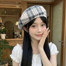 批发韩国2026新款东大门格纹八角帽女春夏复古英伦报童帽贝雷帽