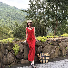 夏季海边度假风法式红色夏季飘带性感收腰露背荷叶边吊带连衣裙女