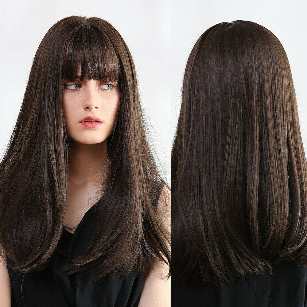 Moda europea y americana nueva pelo largo flequillo recto de aire suministro transfronterizo directo de fábrica peluca cubierta de la cabeza completa pelucas femeninas